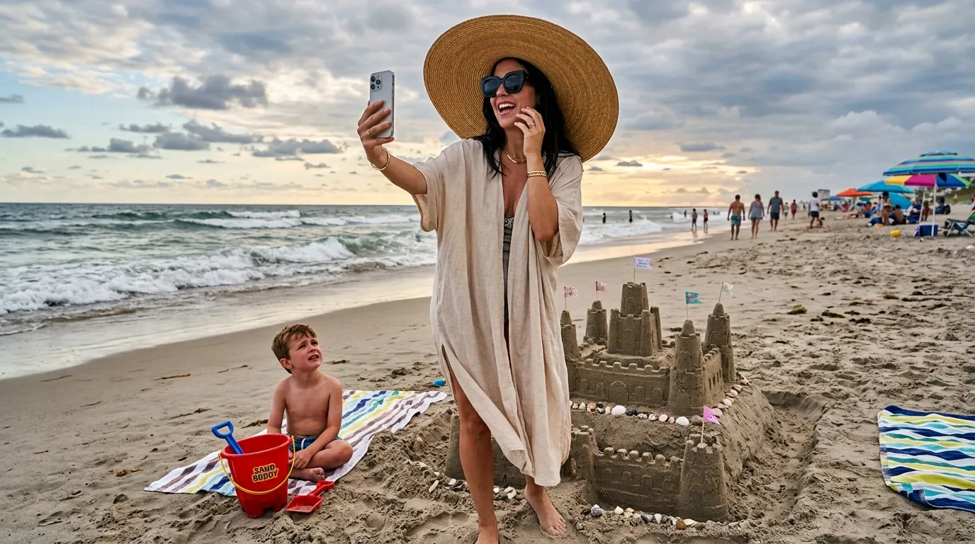 A woman in a large sun hat and oversized sunglasses filming herself with a smartphone on the beach.