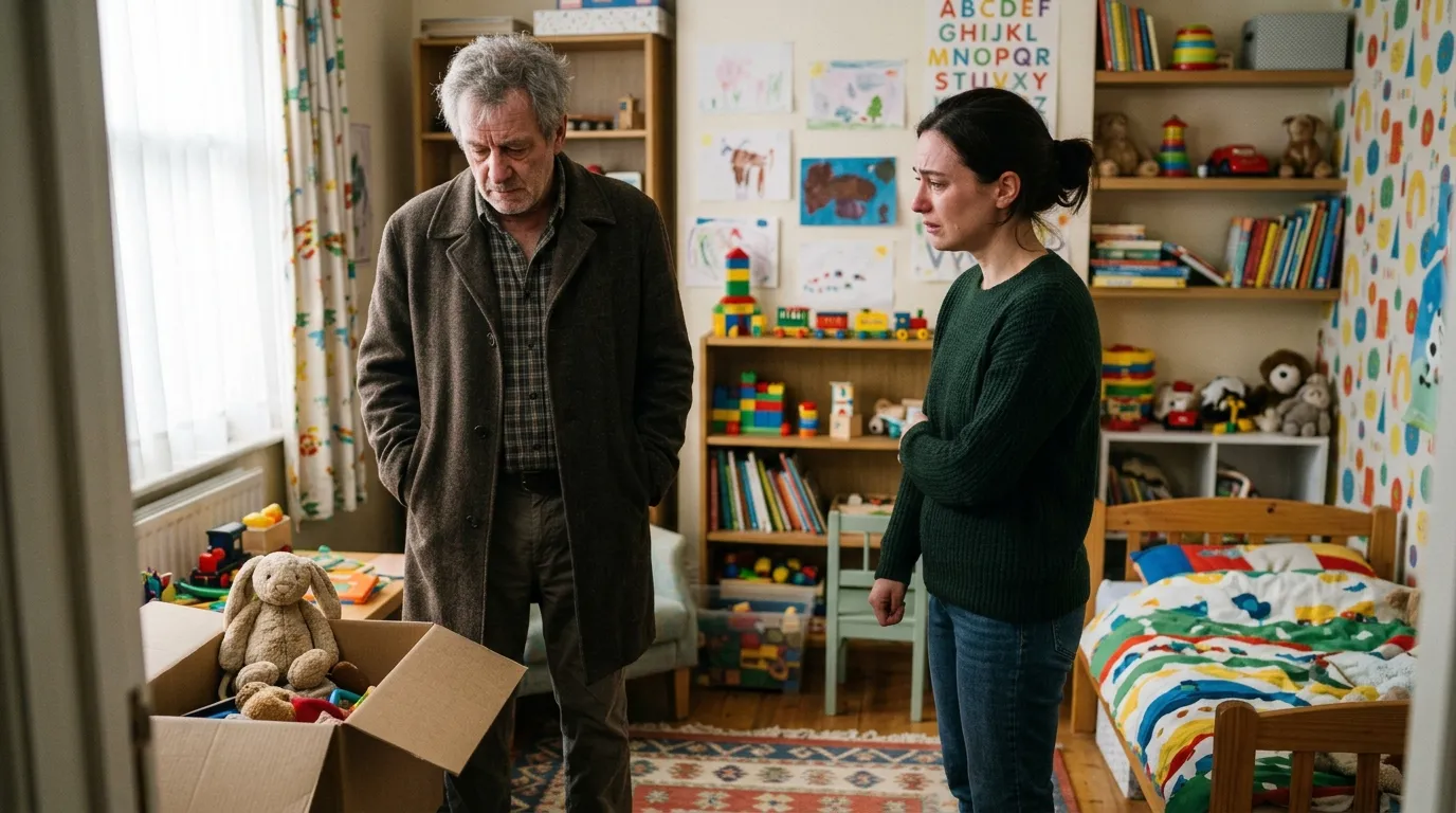 An older man with gray hair and a brown coat standing in a child's bedroom next to an open cardboard box.
