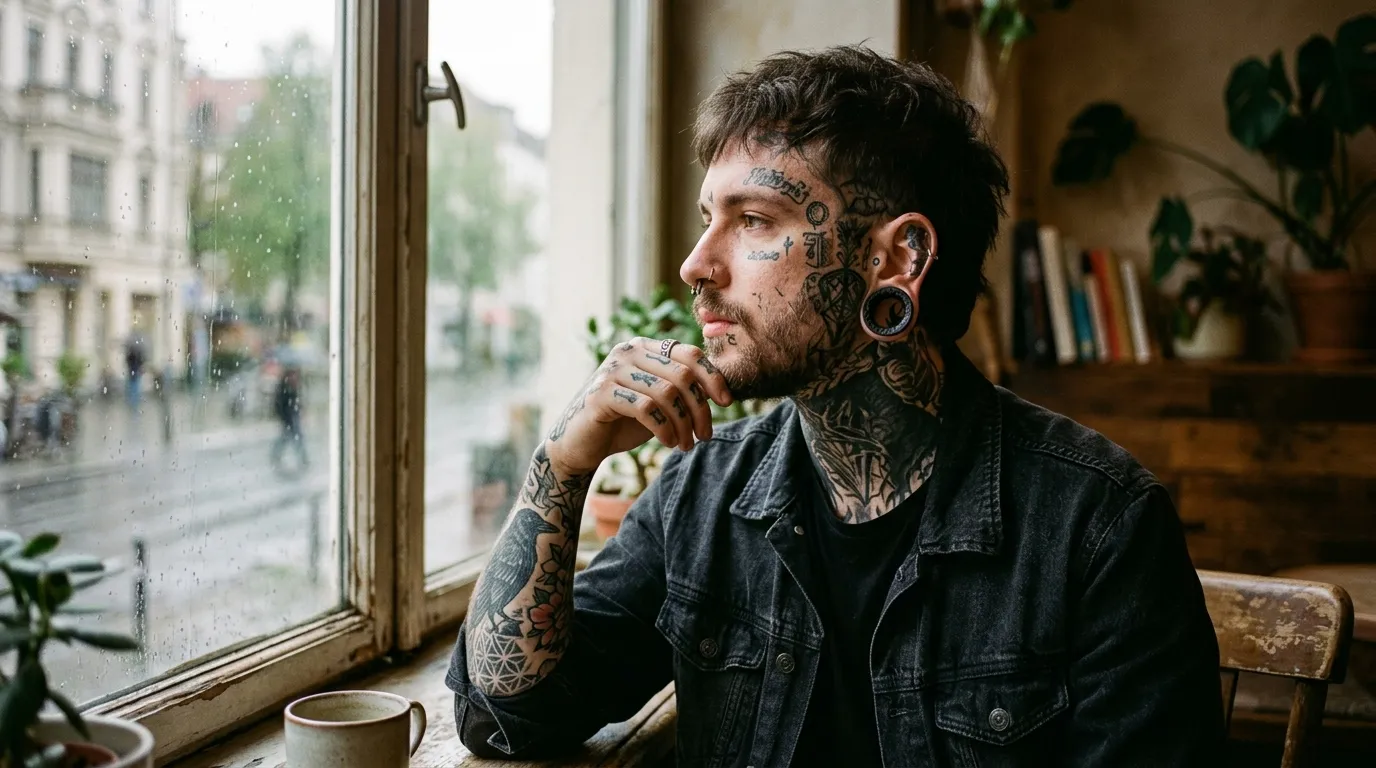 A tattooed young man with stretched ears looking thoughtfully off camera