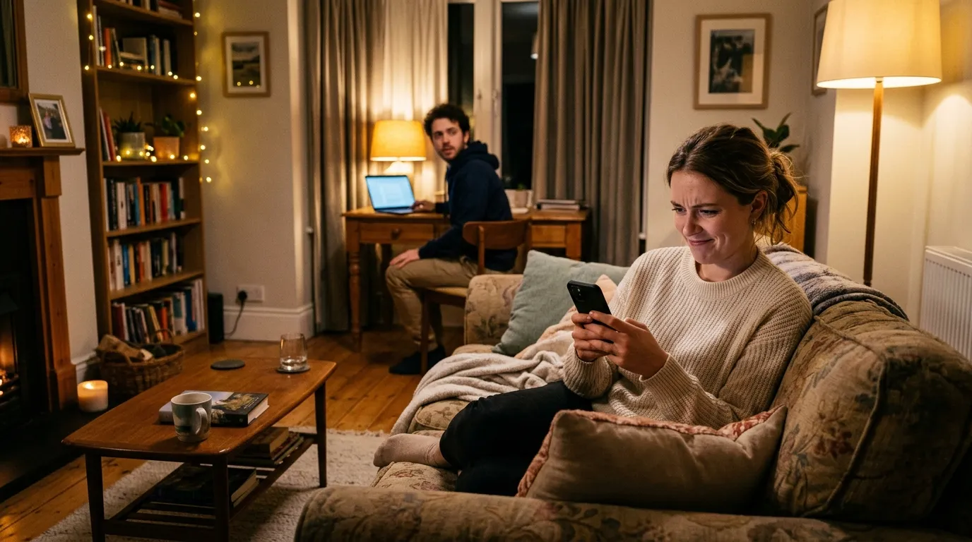 A woman holding a phone with a mischievous smile while her husband looks nervous.