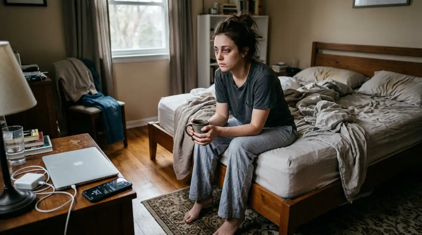 Exhausted person sitting on the edge of the bed holding coffee, looking tired in the morning