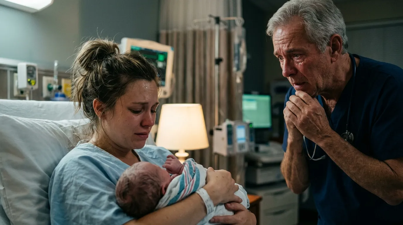 Exhausted mother holding her newborn while a doctor looks on in shock