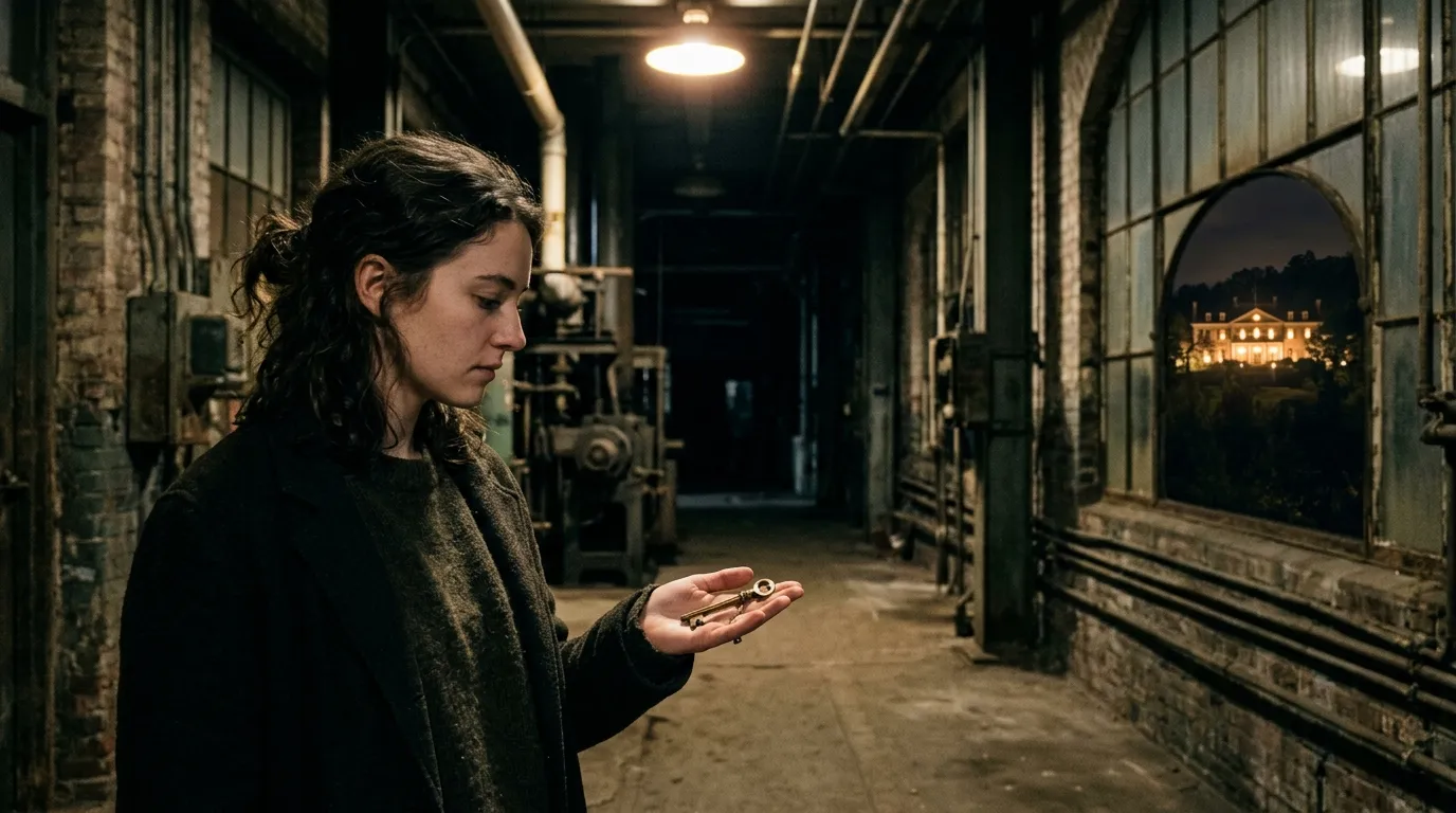 A woman locking a factory door with a brass key, with a glowing mansion in the background.