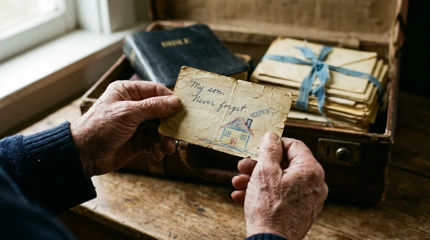 A man holding a faded index card with a child's drawing and handwriting