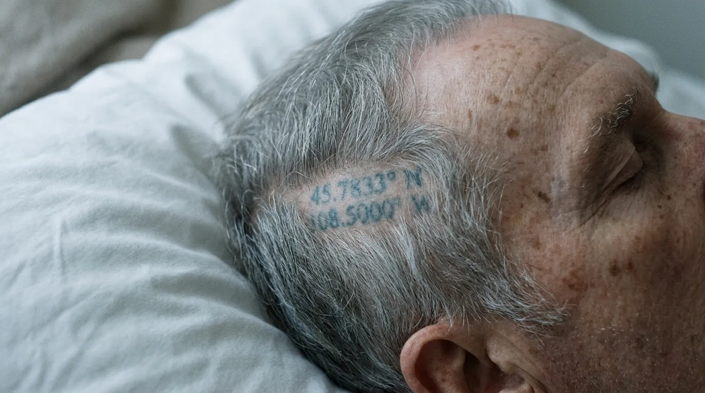 A subtle close-up of a faded coordinate tattoo hidden near an older man's hairline