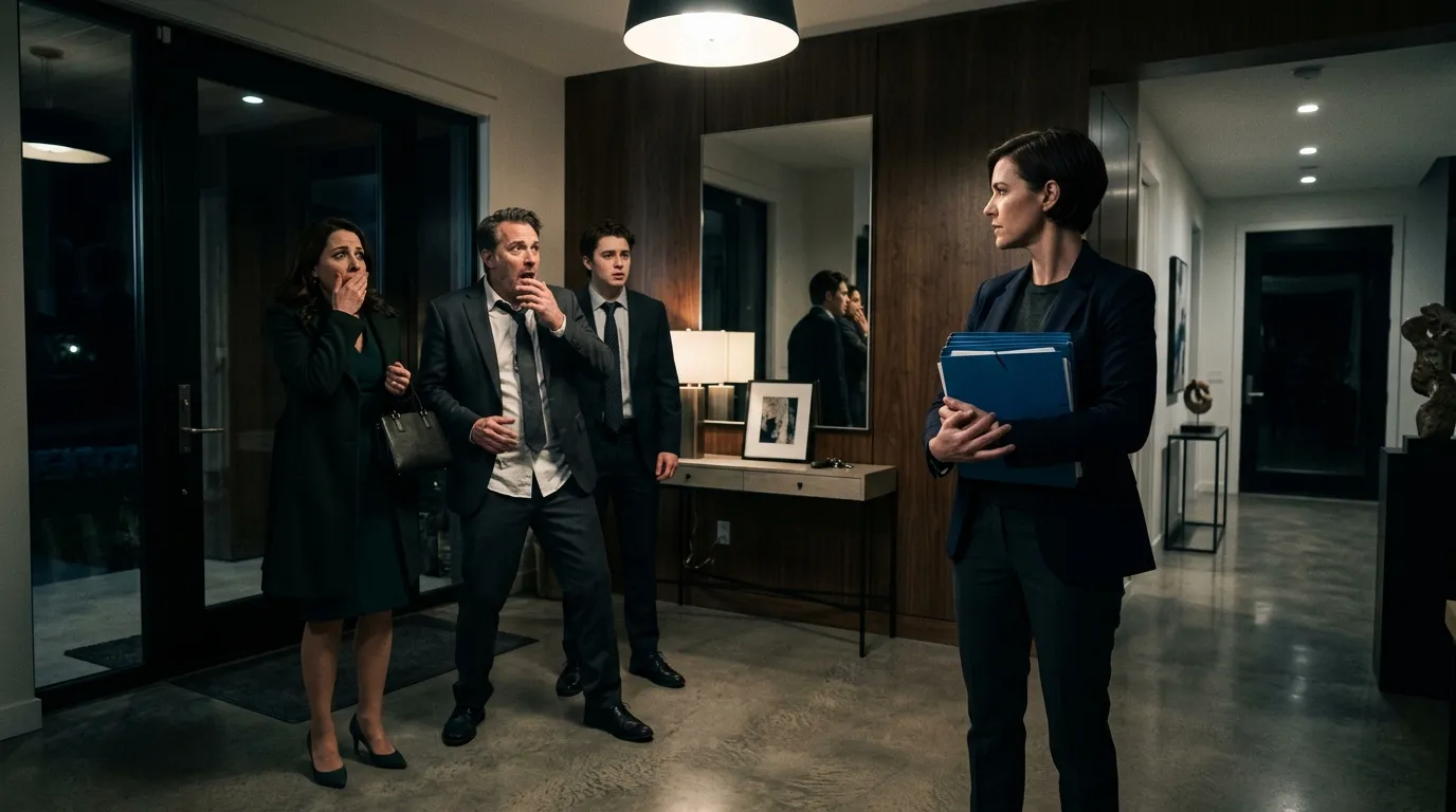 A woman holding a thick blue folder confronting three shocked people in a modern home foyer