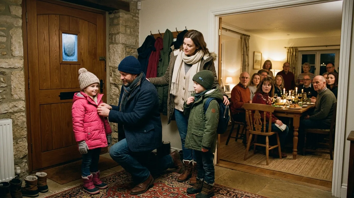 Man helping his children into coats while family watches