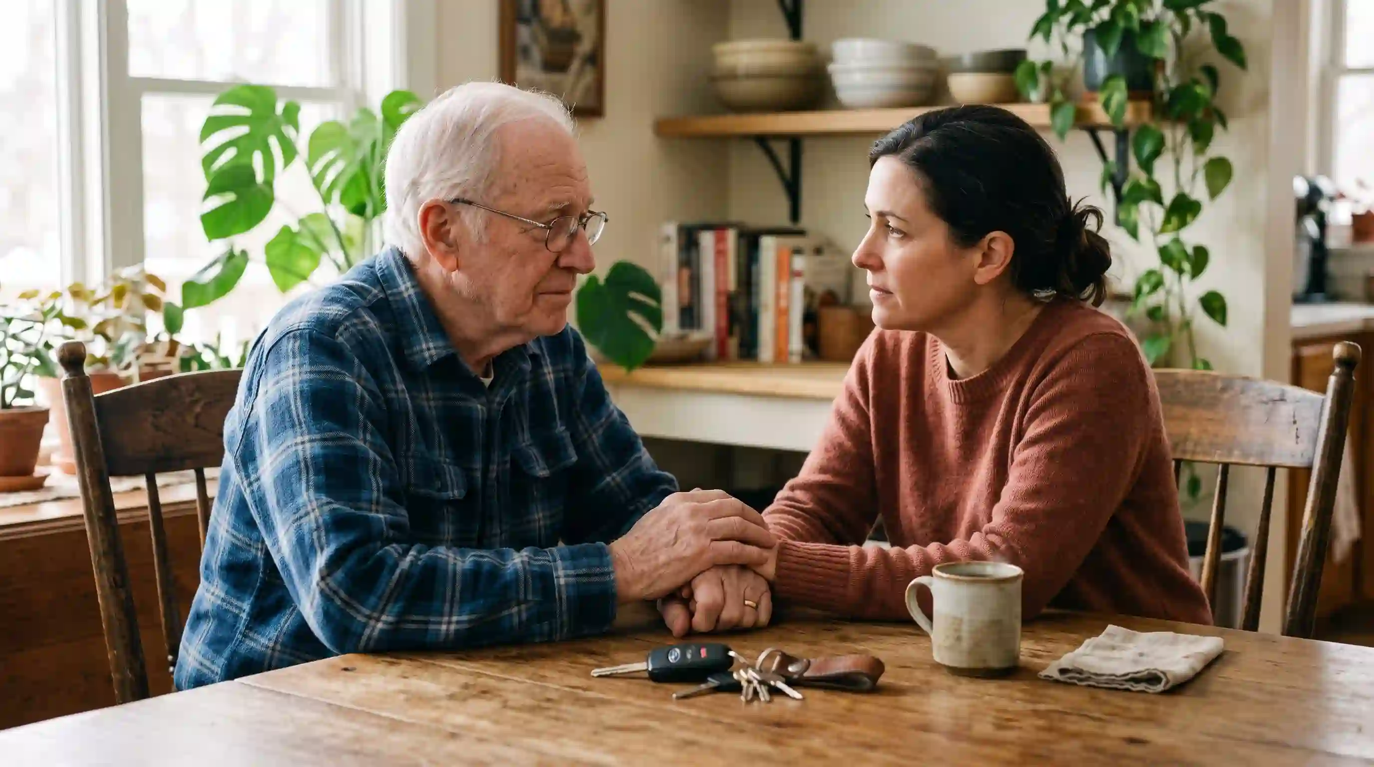 Adult daughter having a serious, loving conversation with her elderly father about car keys on a kitchen table