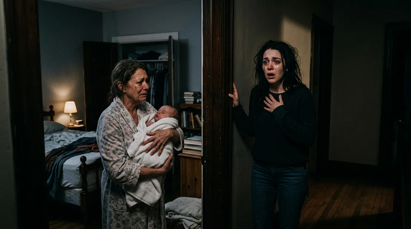 A tense emotional confrontation between a mother and daughter-in-law in a doorway