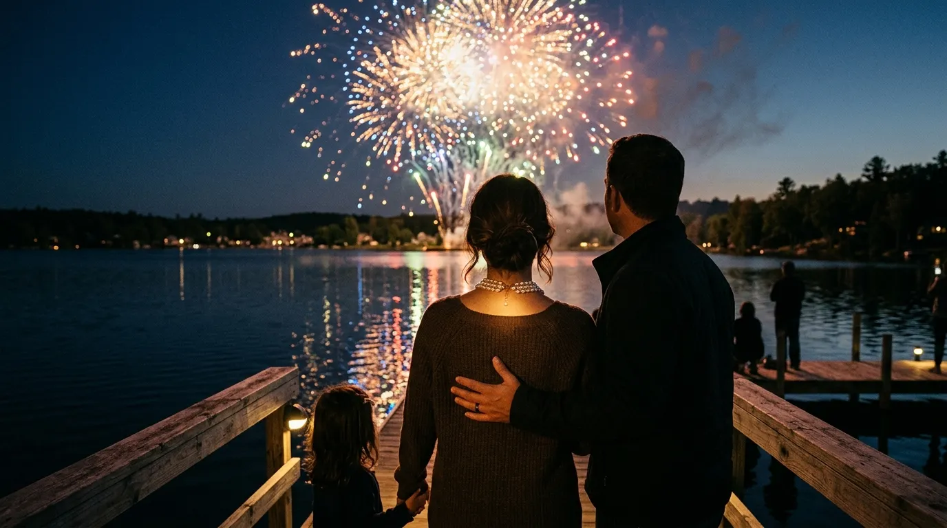 A woman wearing pearls watching fireworks with her husband