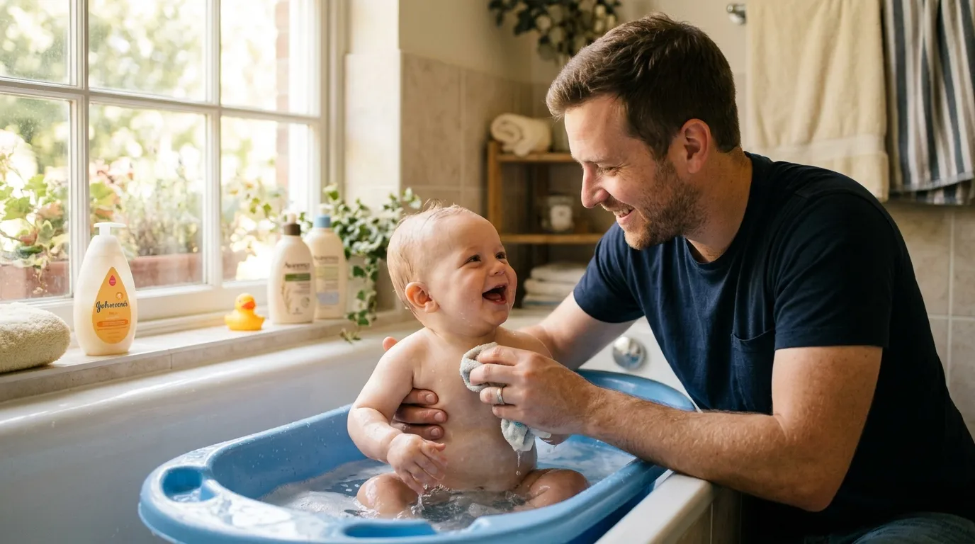 A loving father bathing his smiling toddler son in a warm bath