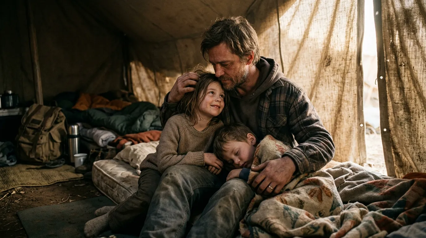 A father comforting his two young children inside a dimly lit tent
