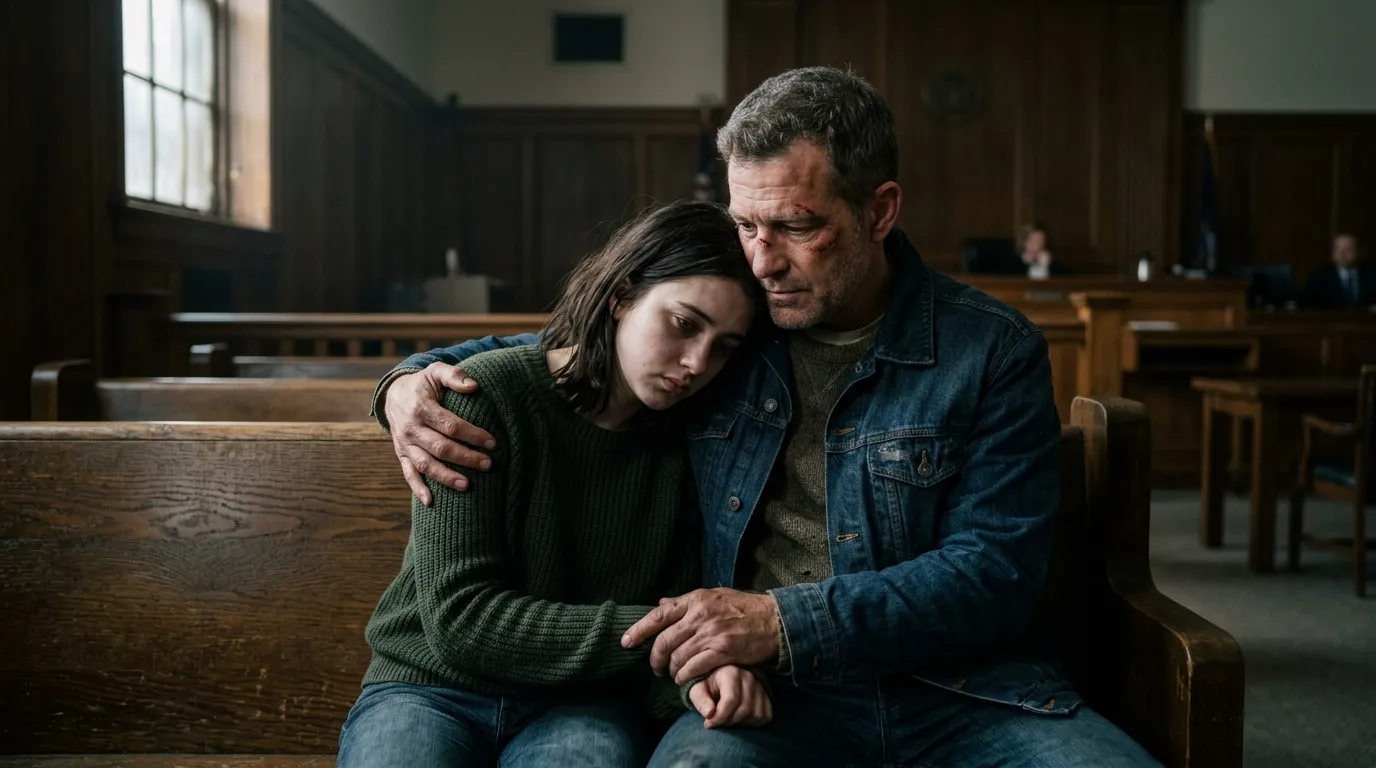 Somber teenage girl and her father sitting in a courtroom during a trial