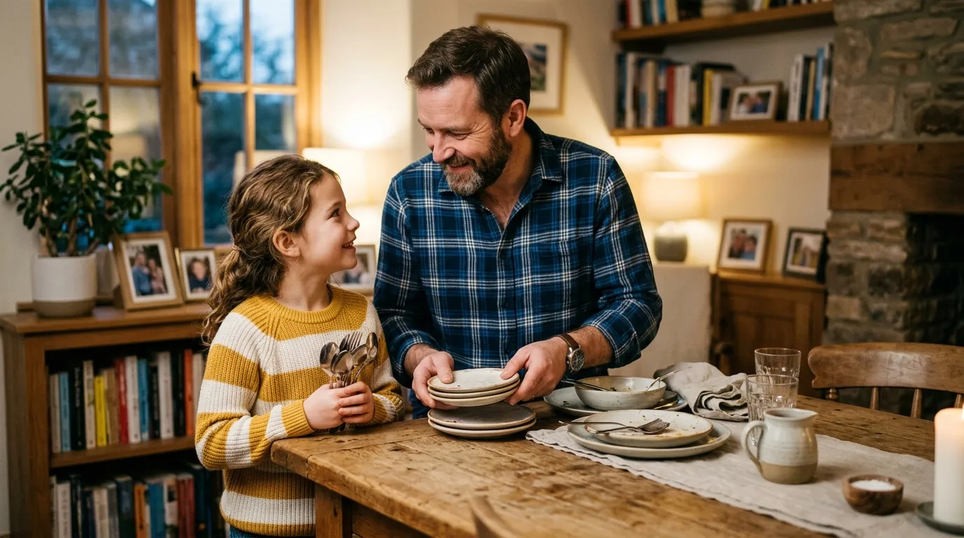 Father and young daughter clearing the dinner table and smiling warmly at each other