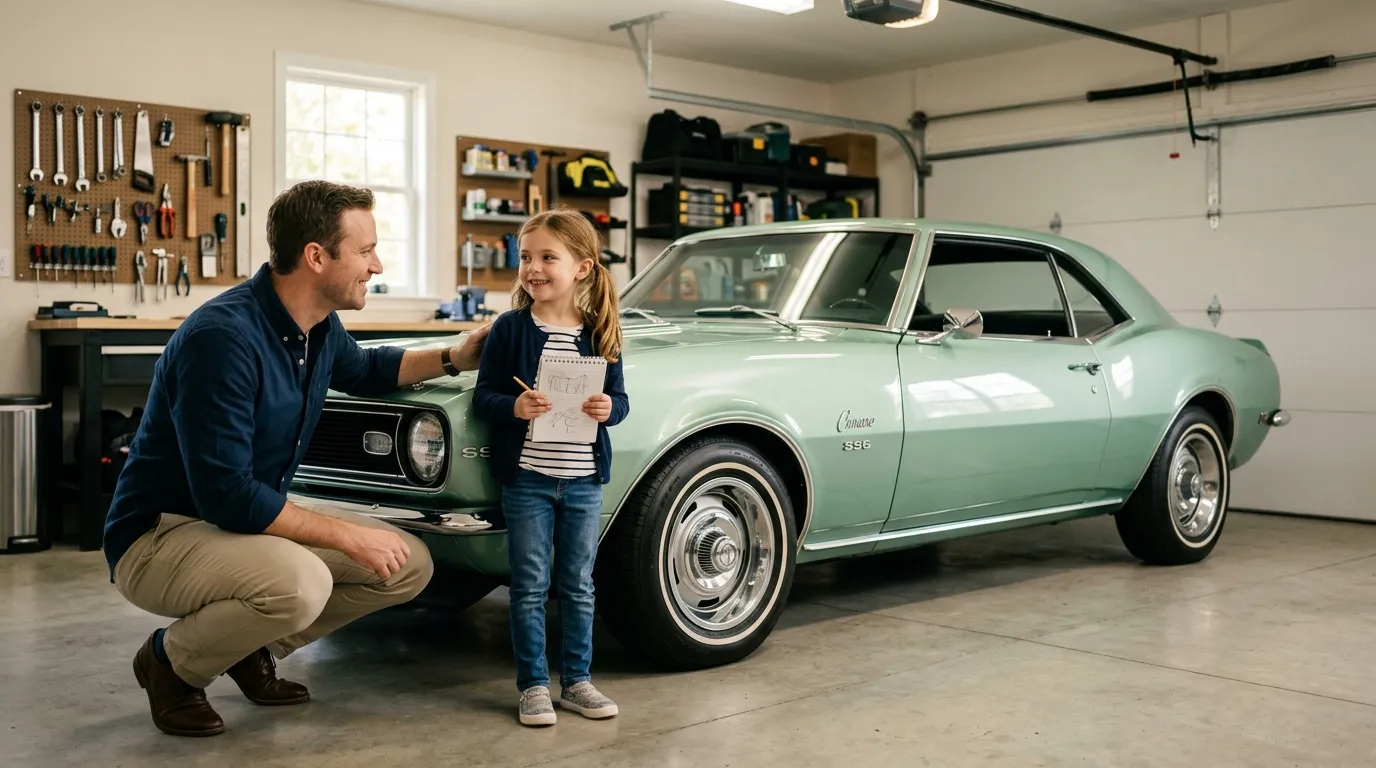 A father and his young daughter standing proudly next to a beautifully restored pale mint green classic car inside a clean home garage.