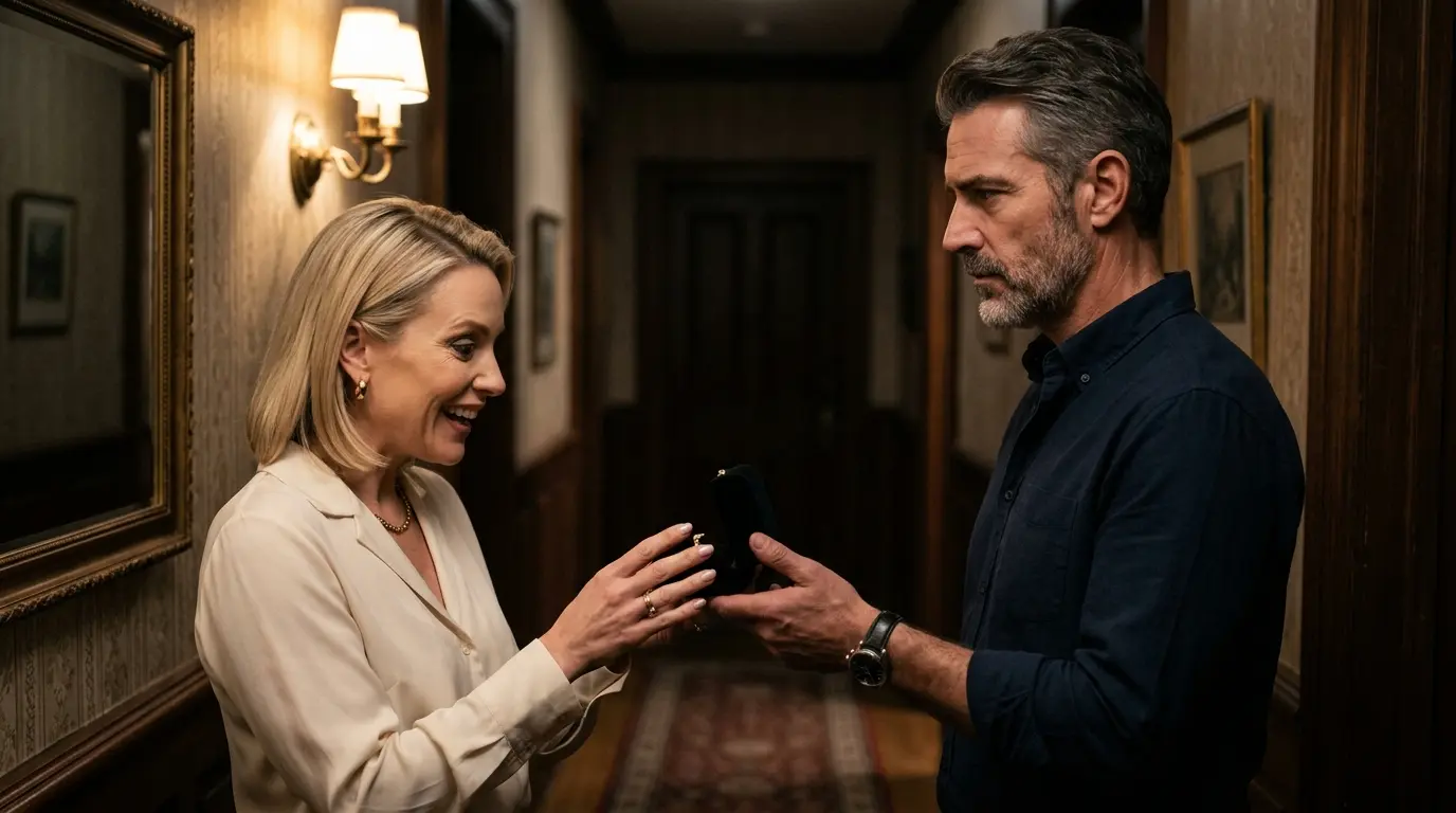 Calm father handing a black velvet box to a smiling, greedy stepmother
