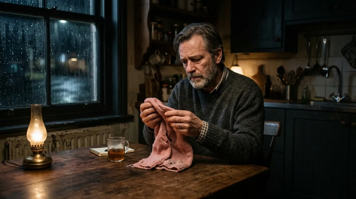 A father sitting alone in a dim kitchen holding a pink scarf