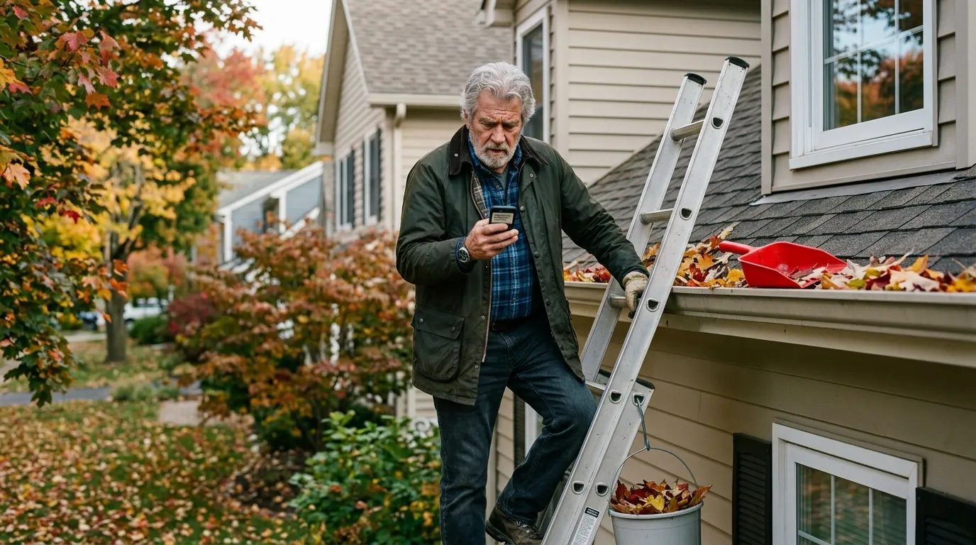 An older man on a ladder looking concerned at his phone.