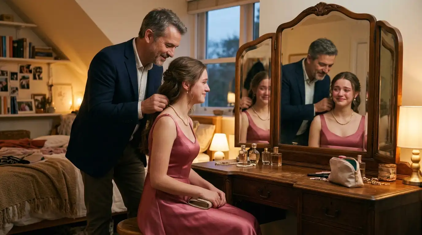 Father gently putting a pearl necklace on his daughter in front of a mirror