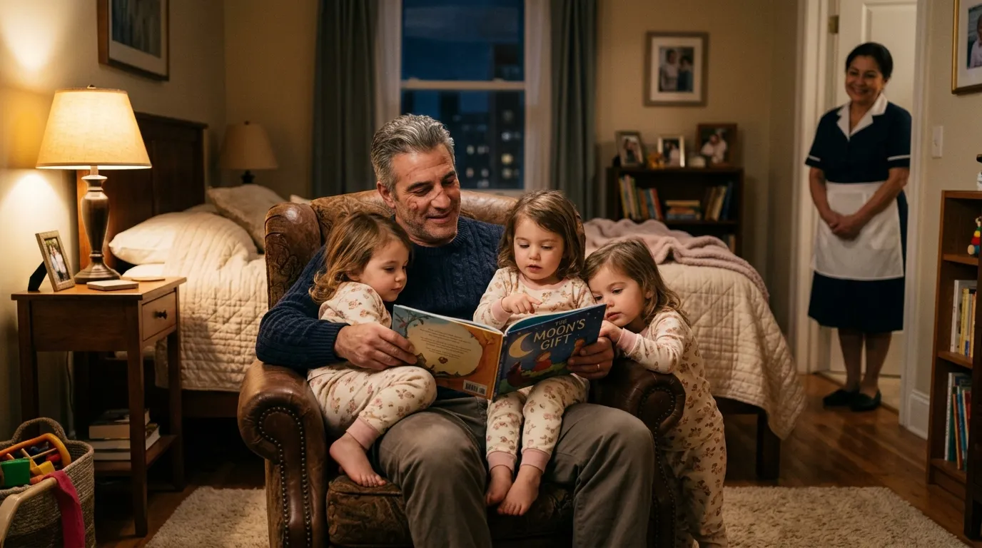 A father reading a bedtime story to his three triplet daughters while a maid smiles from the doorway.