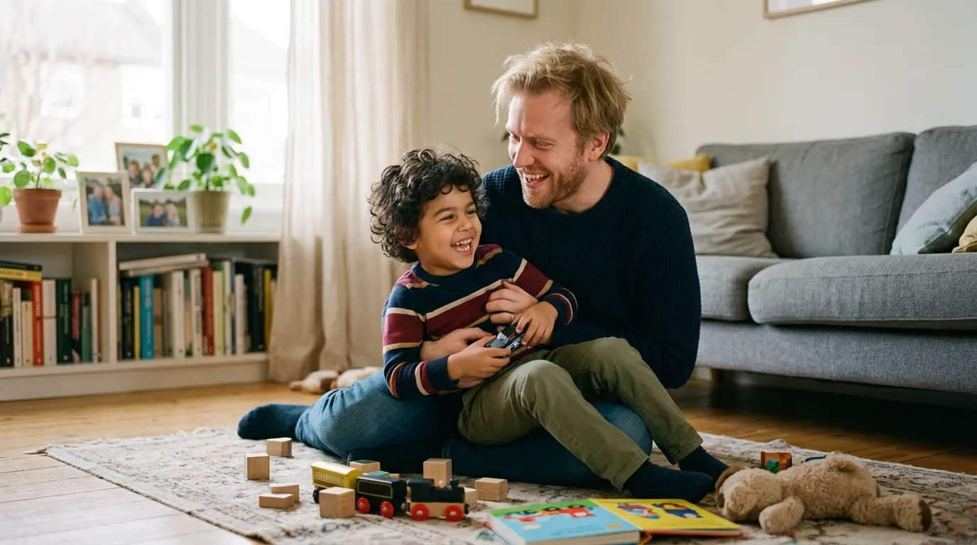 A blond father and his dark-haired son playing together.