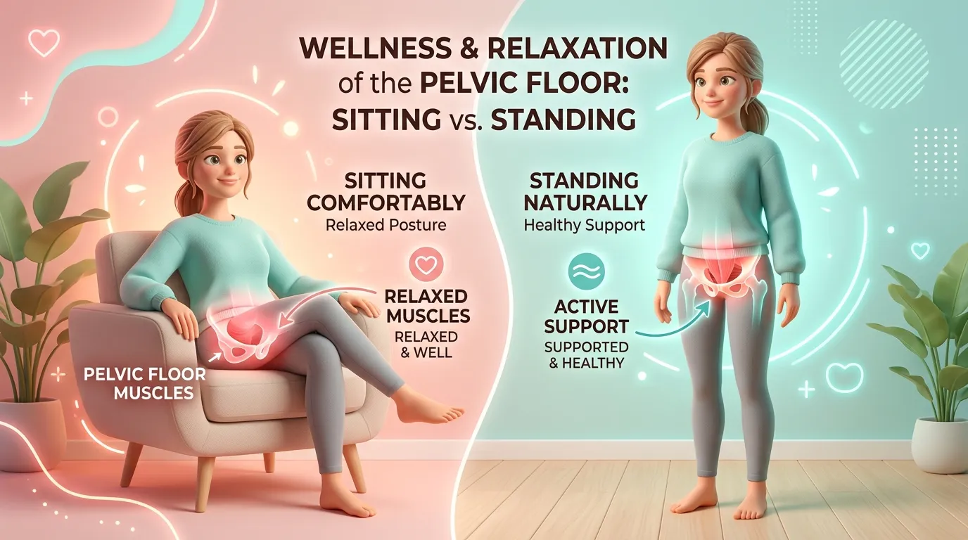 Medical-style wellness diagram showing relaxed versus tense pelvic floor muscles