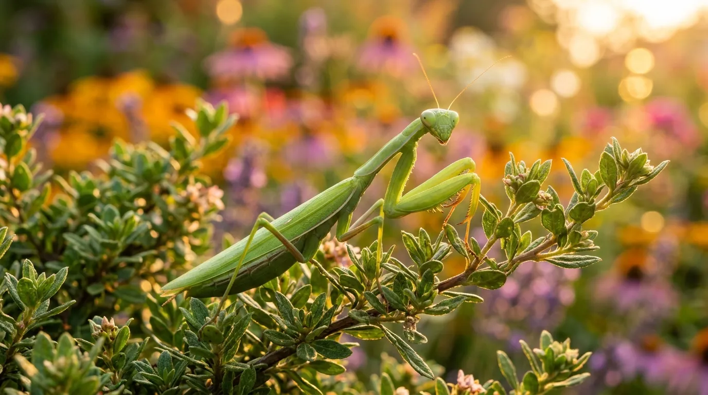 A beautiful green female praying mantis resting on a leafy shrub
