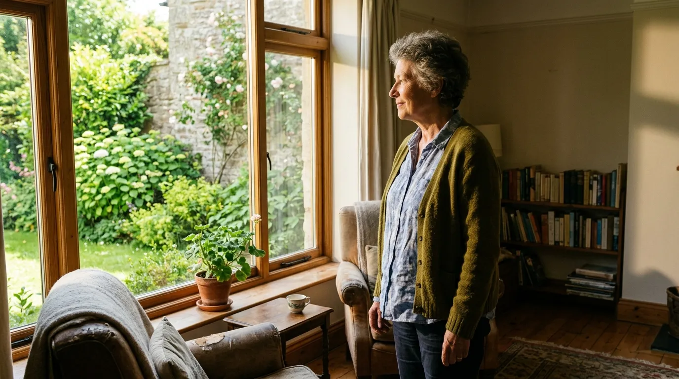 An older woman looking out a sunlit window with a peaceful expression