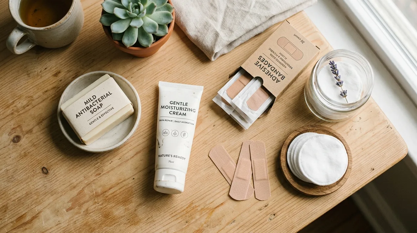Clean display of basic skin hygiene and first-aid supplies including gentle soap, moisturizer, and bandages