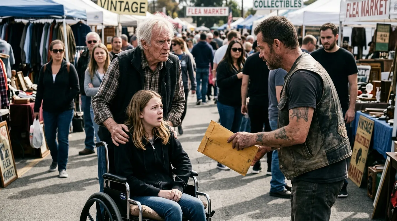 A man in a leather vest confronts an older man pushing a teenage girl in a wheelchair at a flea market.