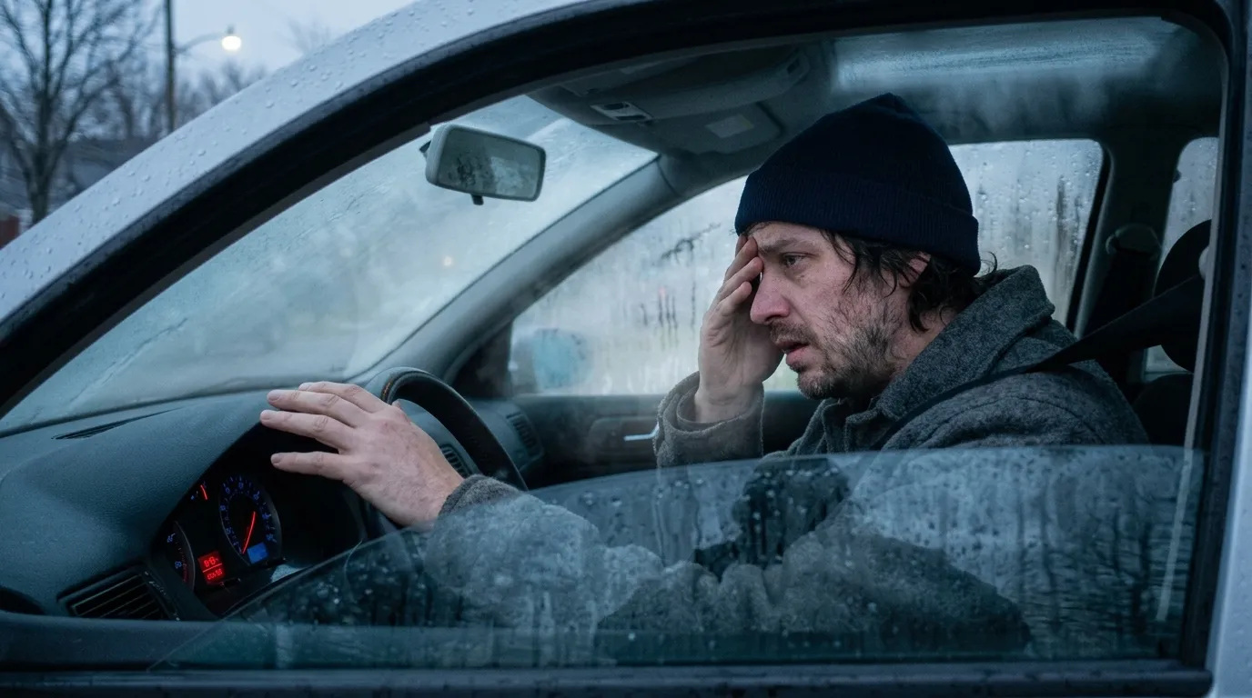 Frustrated driver sitting inside a car with completely fogged up windows on a cold morning