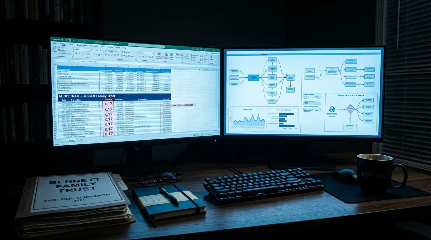 Computer monitors displaying financial audit trails and highlighted transaction anomalies