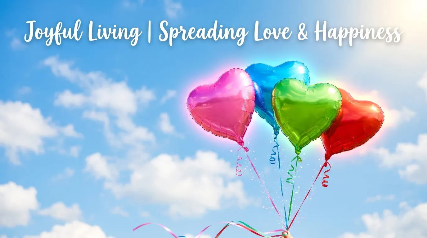 Four vibrant, glossy heart-shaped balloons floating together against a bright, sunny blue sky