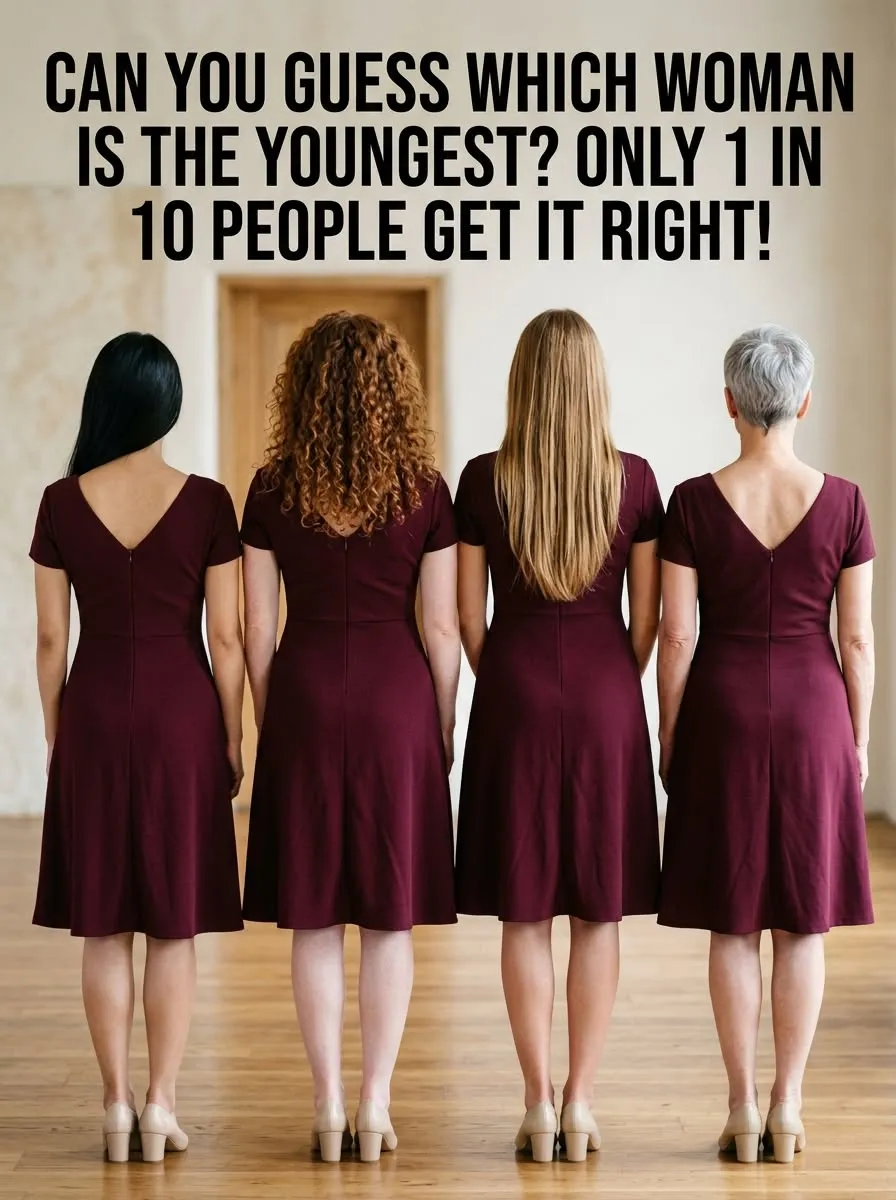 Four women seen from behind in identical burgundy dresses with black, auburn, blonde, and platinum hairstyles