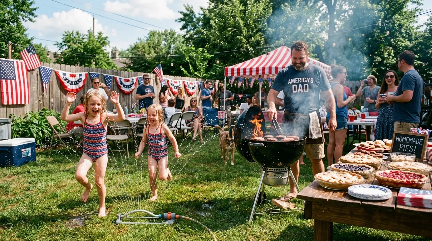 A lively backyard Fourth of July cookout with children playing in a sprinkler