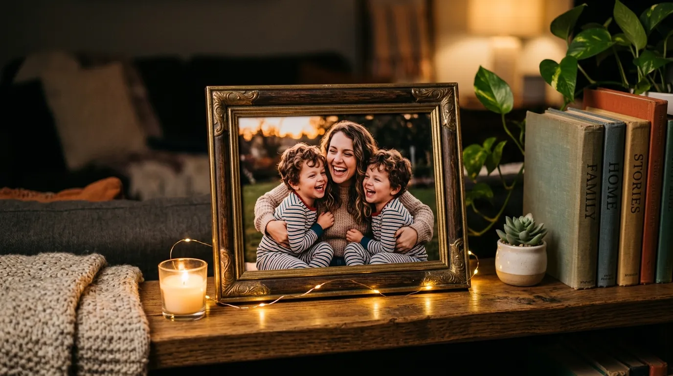 A framed photo of a sister and her twin brothers on a living room shelf