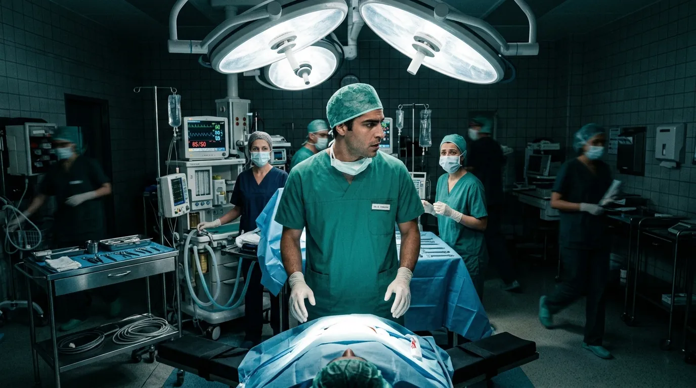 A handsome surgeon in scrubs looking shocked in a bright operating room.