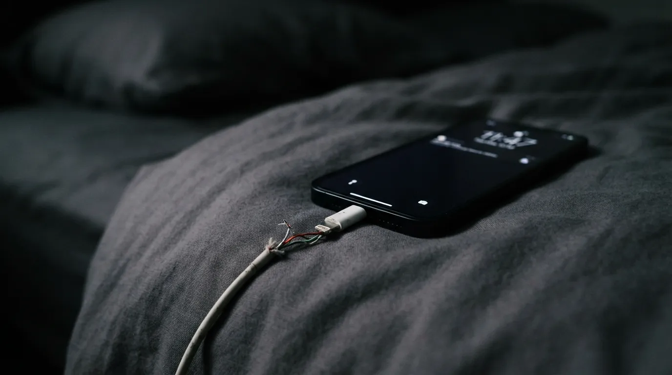 Frayed smartphone charging cable resting dangerously on a soft bed comforter