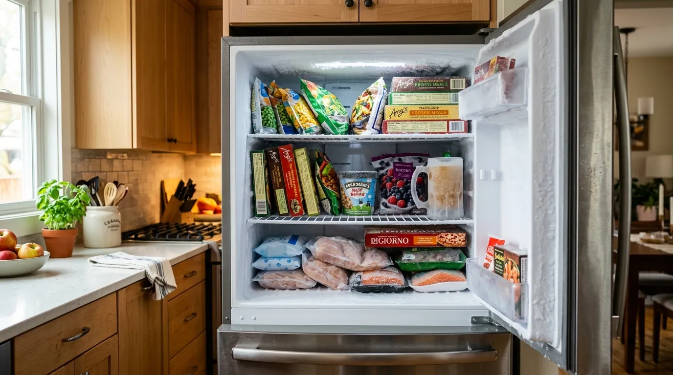 An open freezer door showing well-organized frozen foods and a clear glass mug of ice
