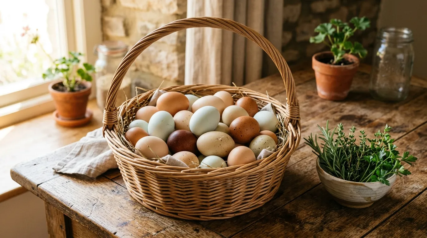 A rustic wicker basket filled with fresh, multi-colored farm eggs