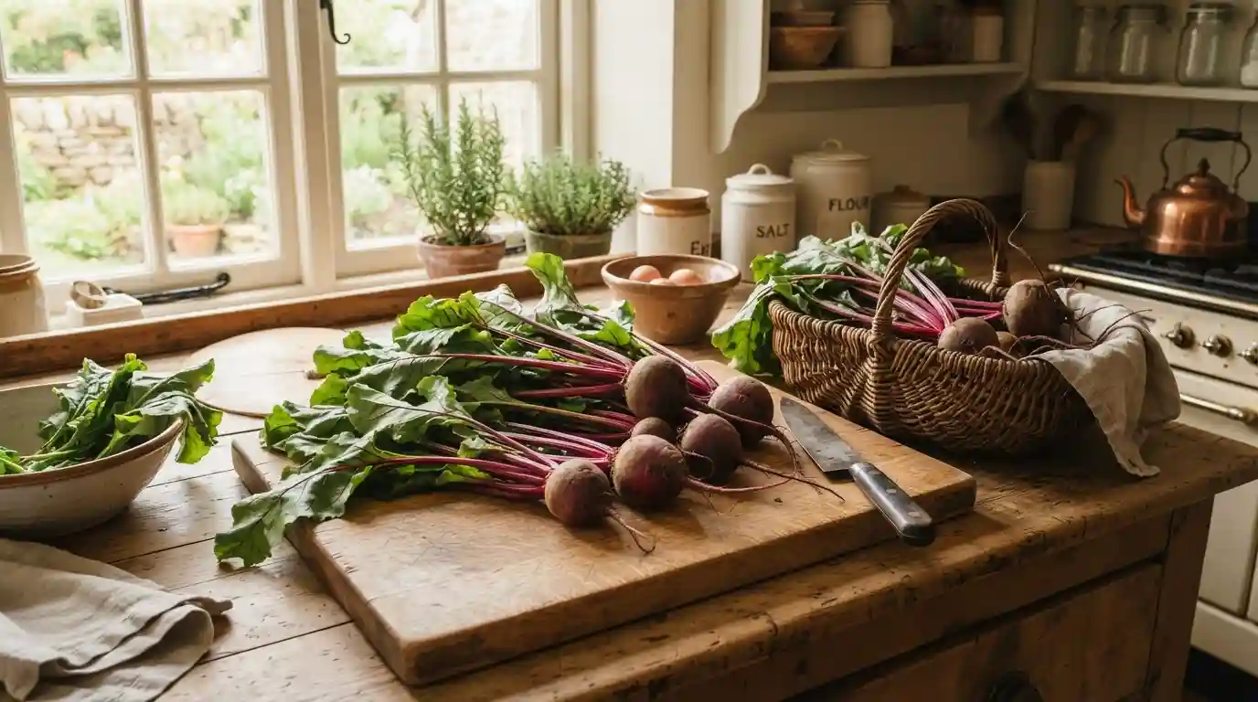 Fresh raw beets on a rustic wooden cutting board in a farmhouse kitchen