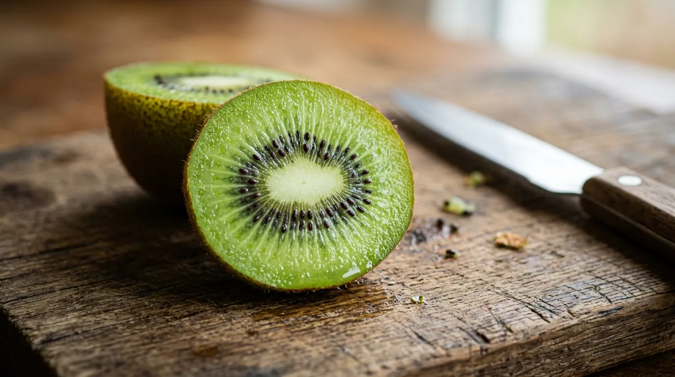 Close up of a freshly sliced kiwi on a wooden board