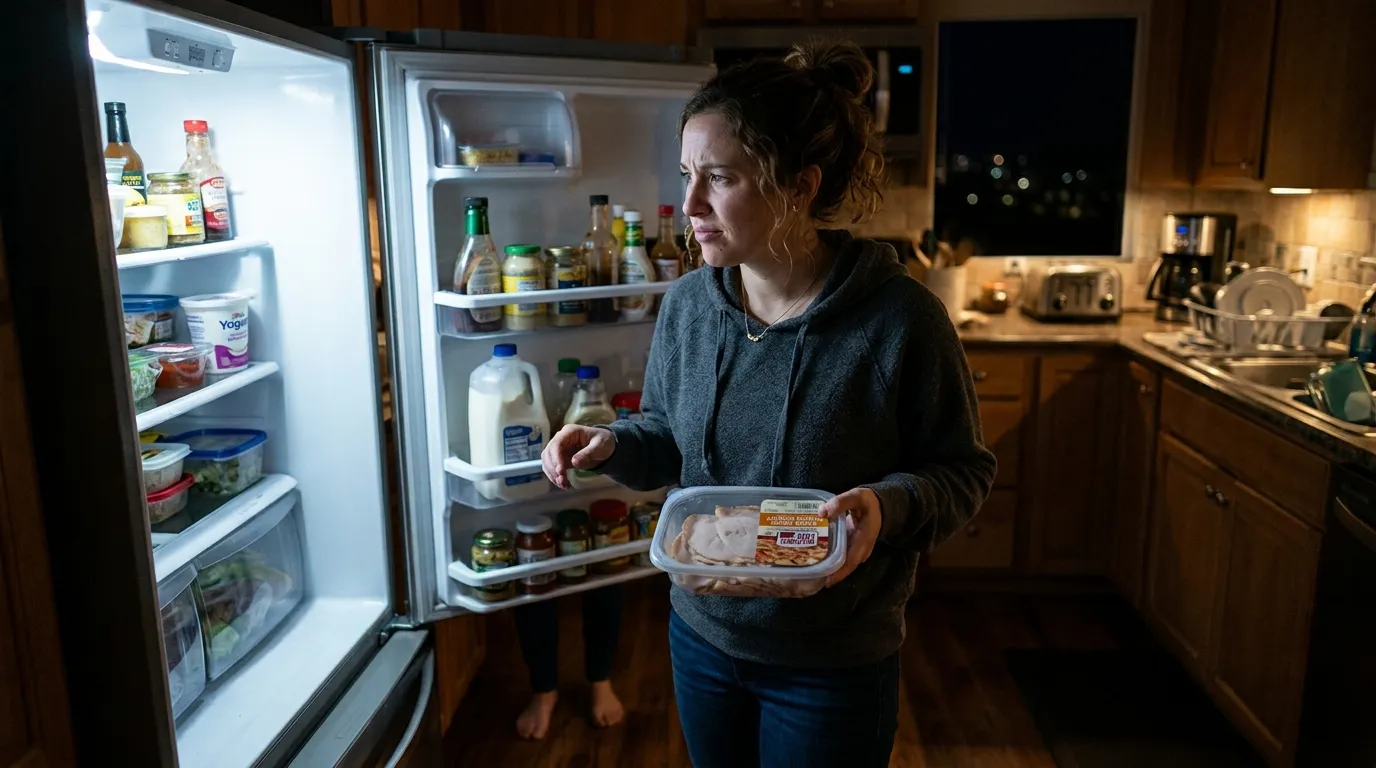 Person looking confused holding deli meat in front of an open fridge