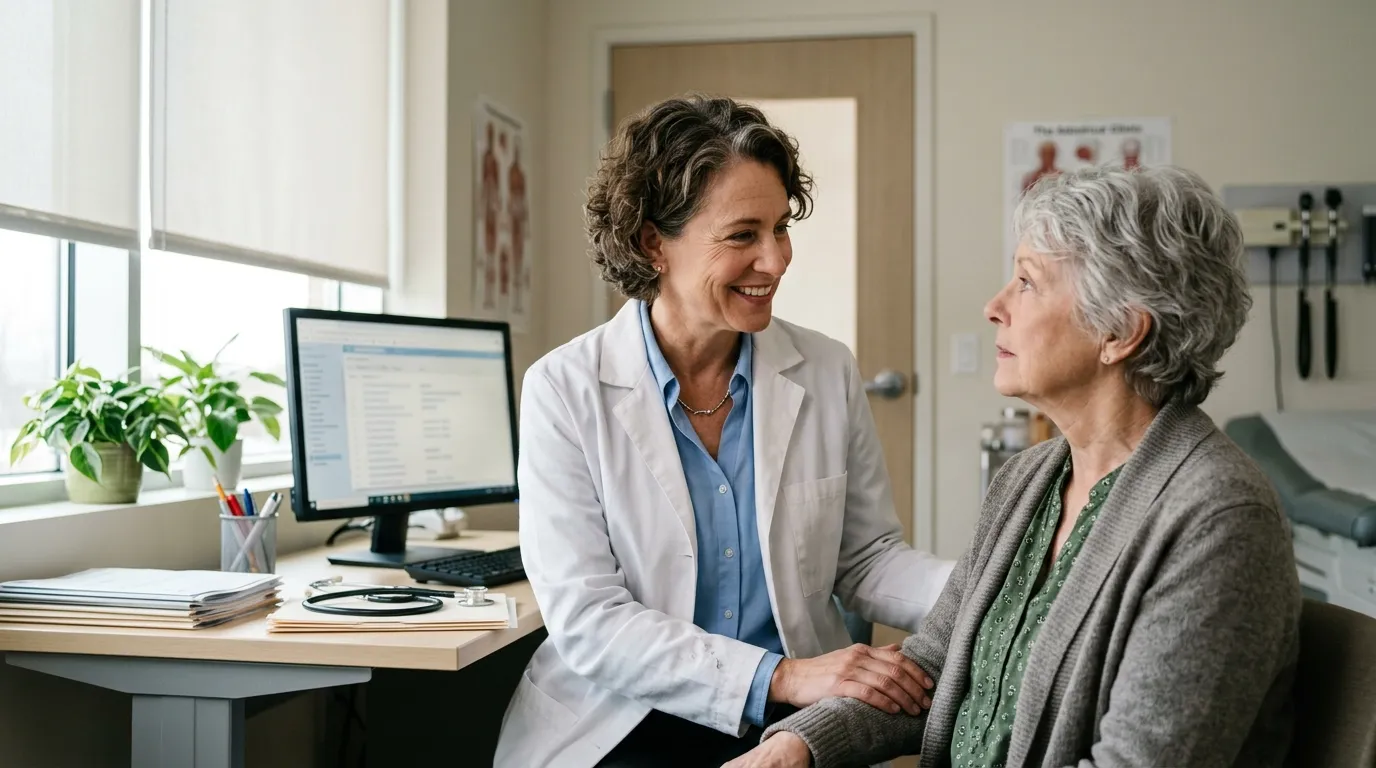 A compassionate doctor speaking supportively with a patient in a bright medical office