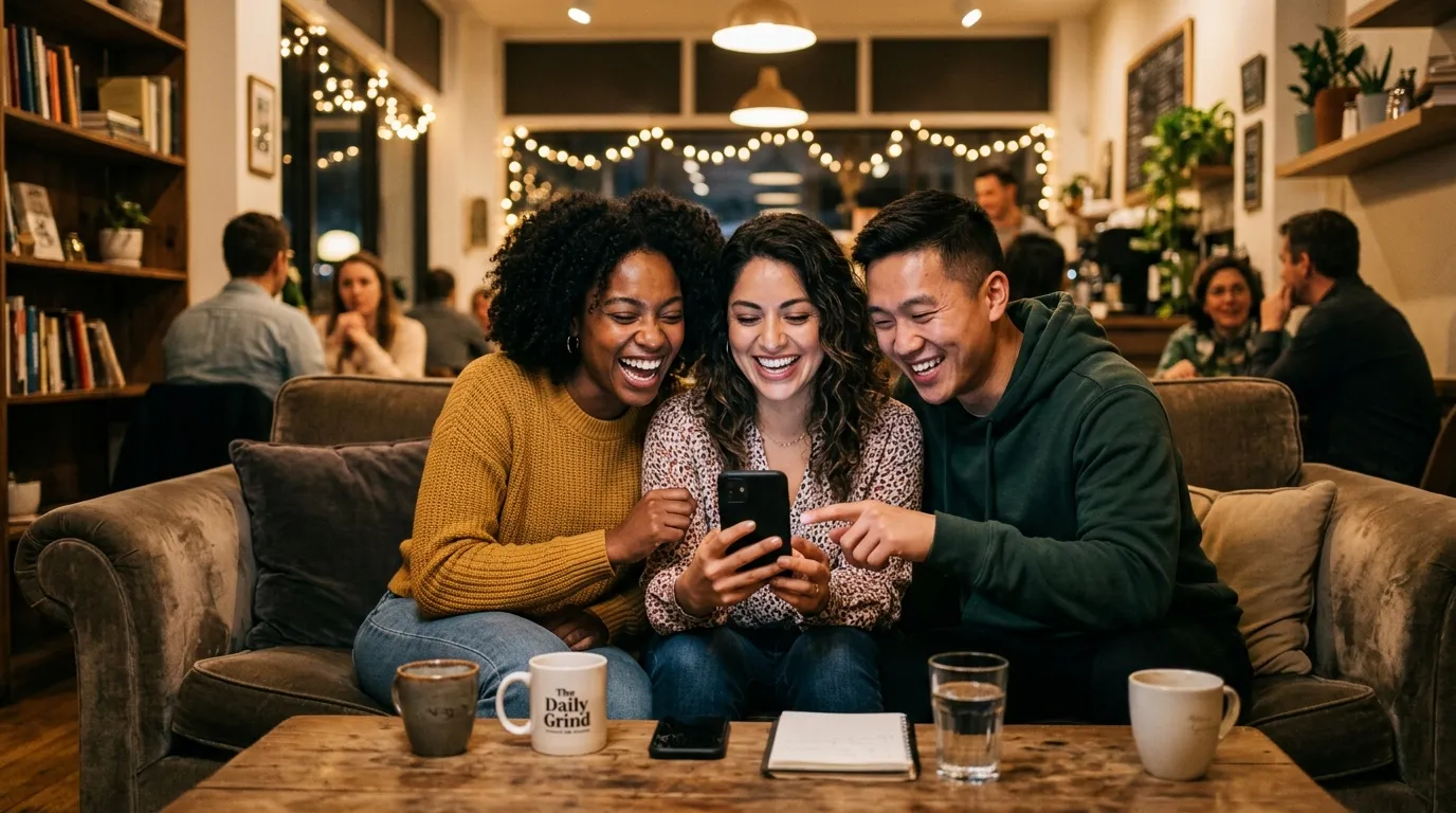 A diverse group of friends smiling and looking at a smartphone screen together in a cozy coffee shop
