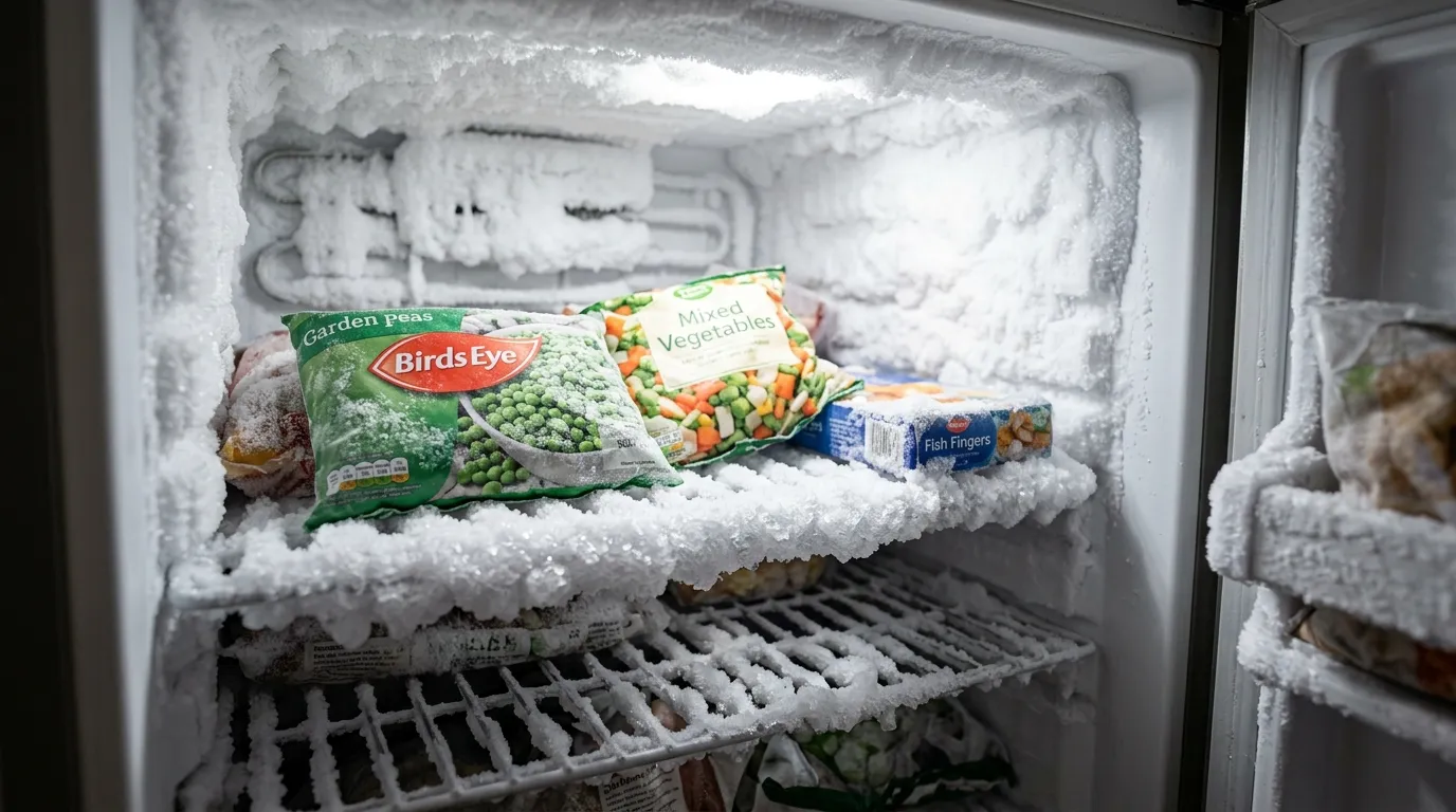 A heavily frosted kitchen freezer interior with thick layers of ice