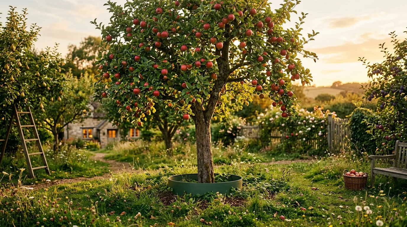 An apple tree in a garden with a green painted metal collar