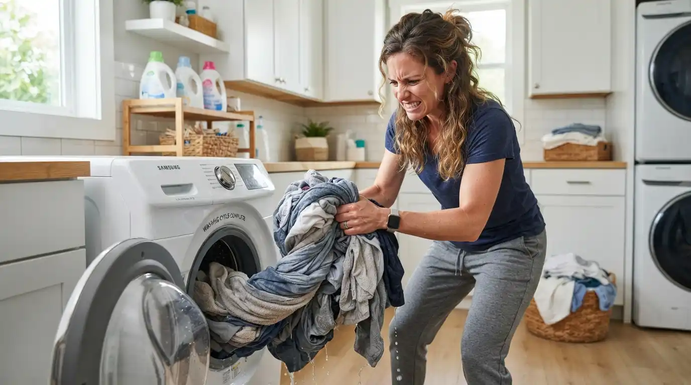 Frustrated woman pulling tangled wet clothes out of a washing machine