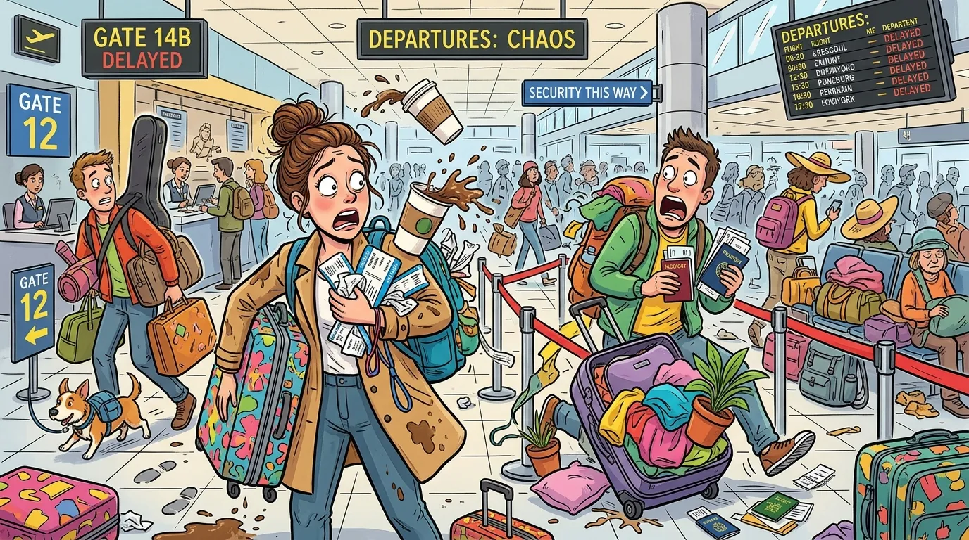 Illustration of chaotic travelers in an airport