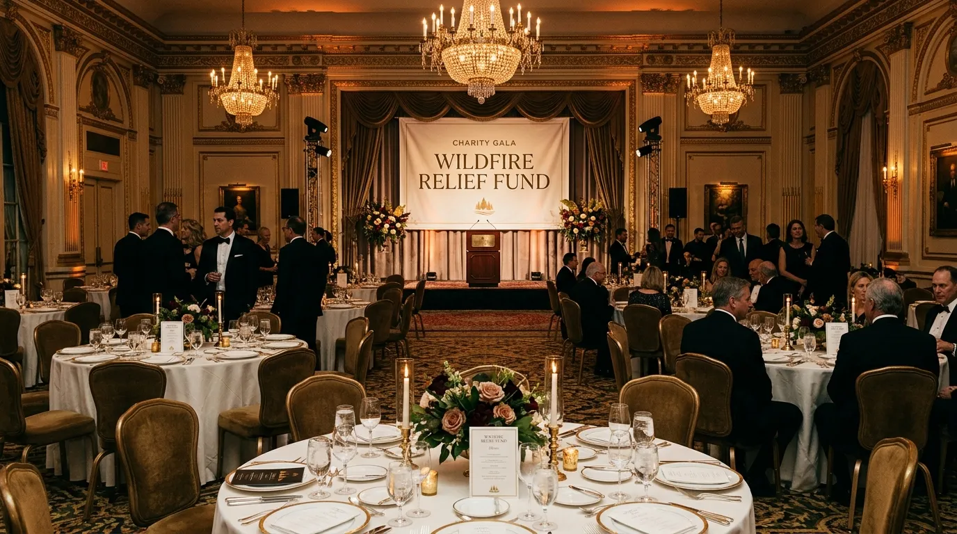 A luxurious hotel ballroom with a podium and a banner for a Wildfire Relief Fund